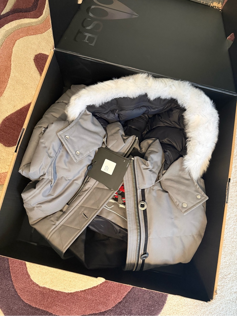 Moose Knuckles Gray and Black Down-Filled Jacket Interior